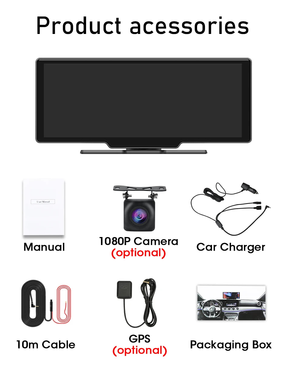 10.26" Carplay Screen for Car,Wireless CarPlay & Android Auto Multimedia Video Player,Universal Car Radio,BT AUX FM Car Stereo