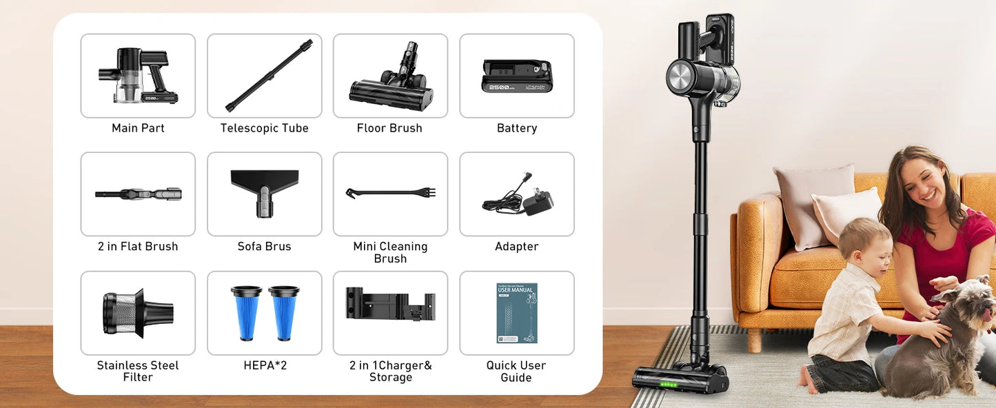 Cordless Stick Vacuum - 46kPa Suction Self-Standing Pet Hair