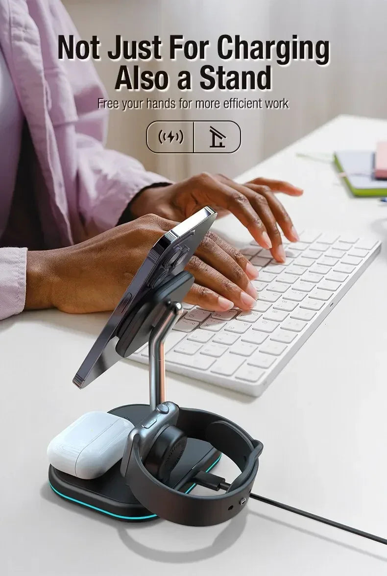 3 In 1 Magnetic Wireless Charger Stand For Magsafe iPhone 16 15 14 13 Pro Max Apple Watch 9 8 AirPods Pro Fast Charging Station