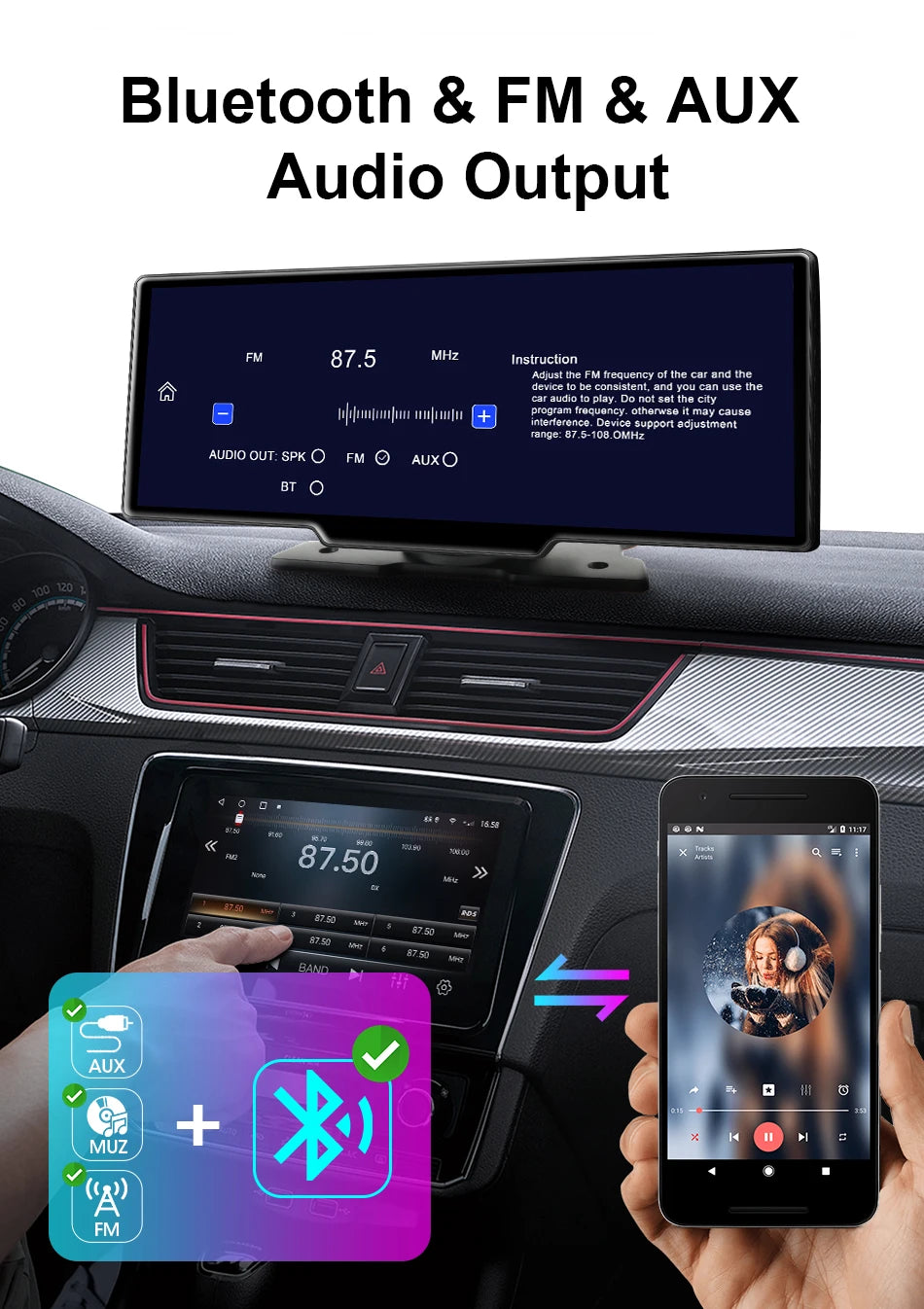 10.26" Carplay Screen for Car,Wireless CarPlay & Android Auto Multimedia Video Player,Universal Car Radio,BT AUX FM Car Stereo