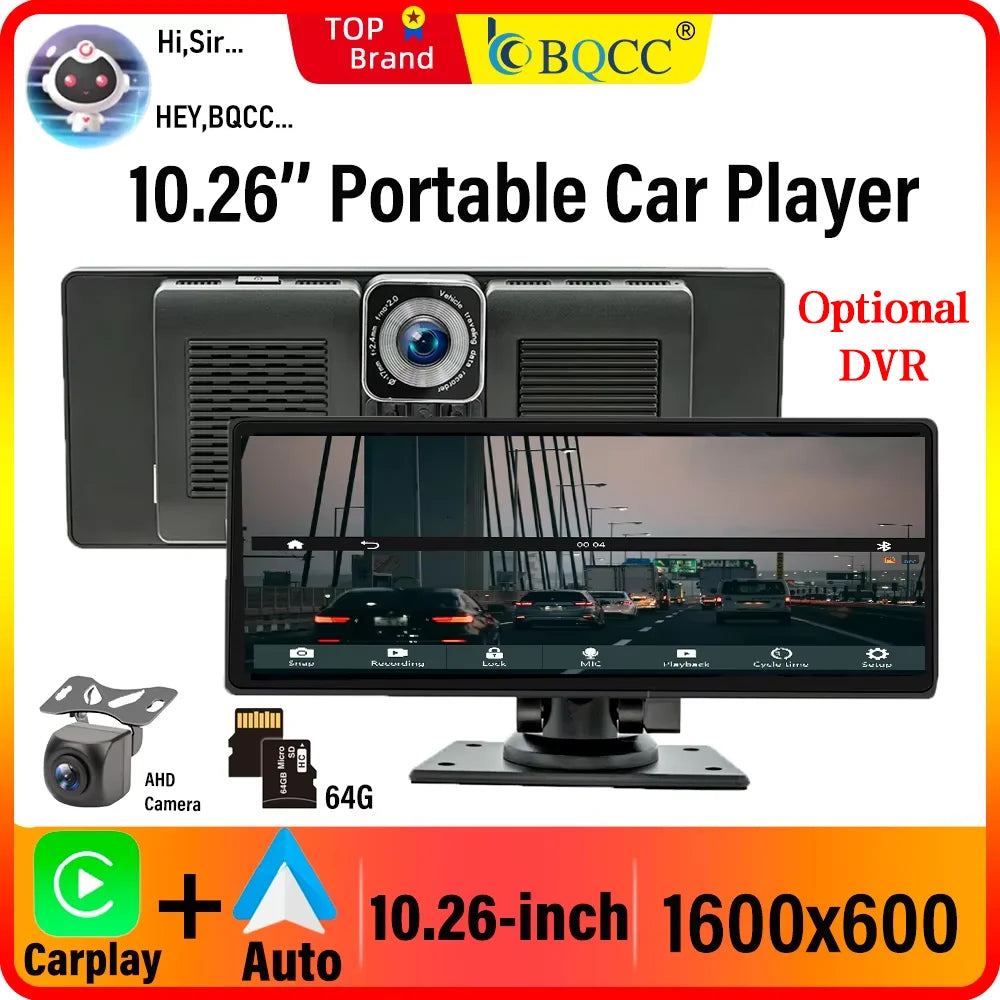 BQCC 10.26 Inch Portable Wireless Carplay Screen HD Rear Reversing Camera Car Radio DVR MP5 Multimedia Video Player Android Auto