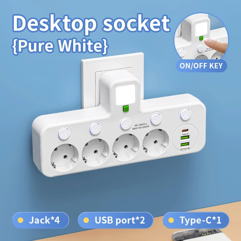 4-Socket Wall Adapter - EU Plug with USB-C & Switch