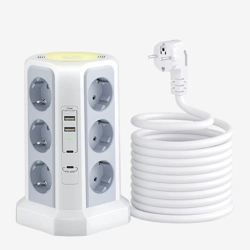 Tower Surge Protector 12 Outlets 4000W - 4 USB Ports 2m Cable