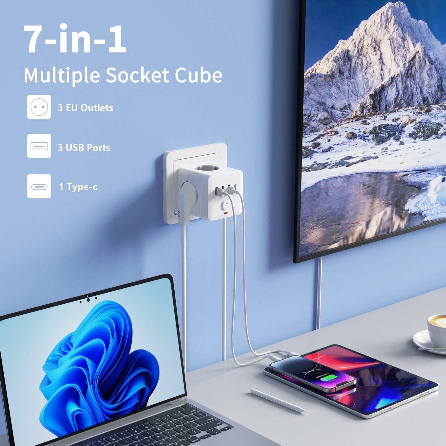 Power Strip 7-in-1 Desktop - 3 AC Outlets 3 USB Type-C Surge