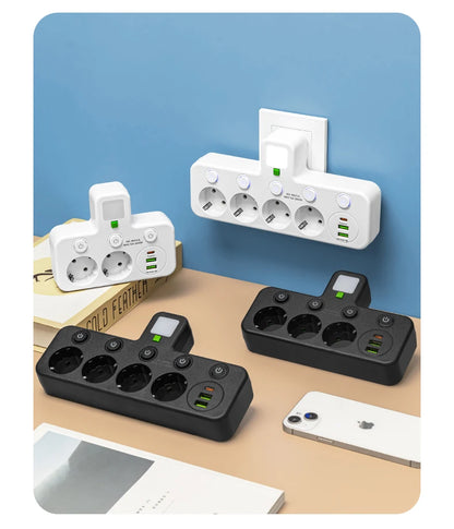 4-Socket Wall Adapter - EU Plug with USB-C & Switch