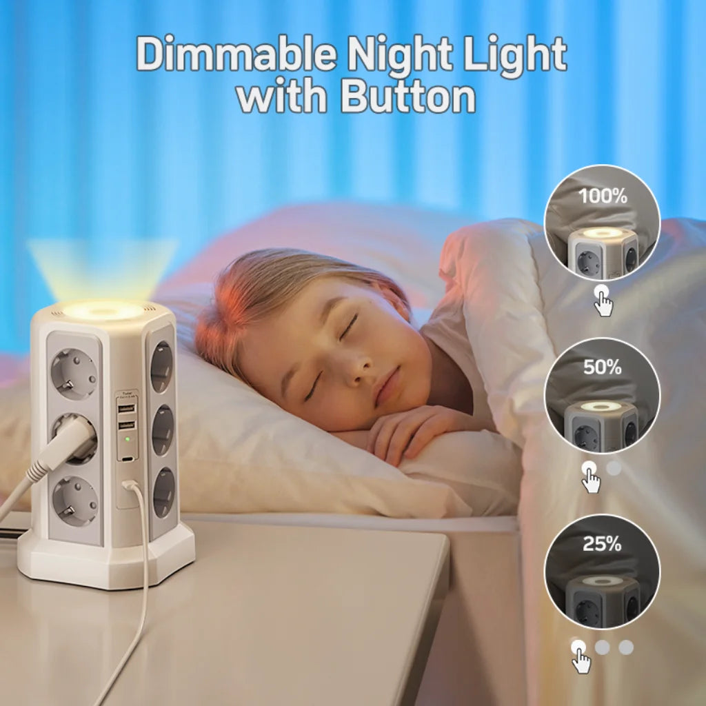 Tower Surge Protector 12 Outlets 4000W - 4 USB Ports 2m Cable