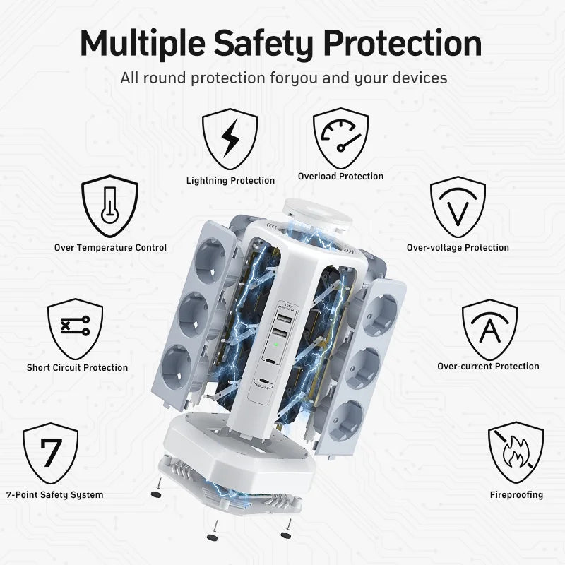 Tower Surge Protector 12 Outlets 4000W - 4 USB Ports 2m Cable
