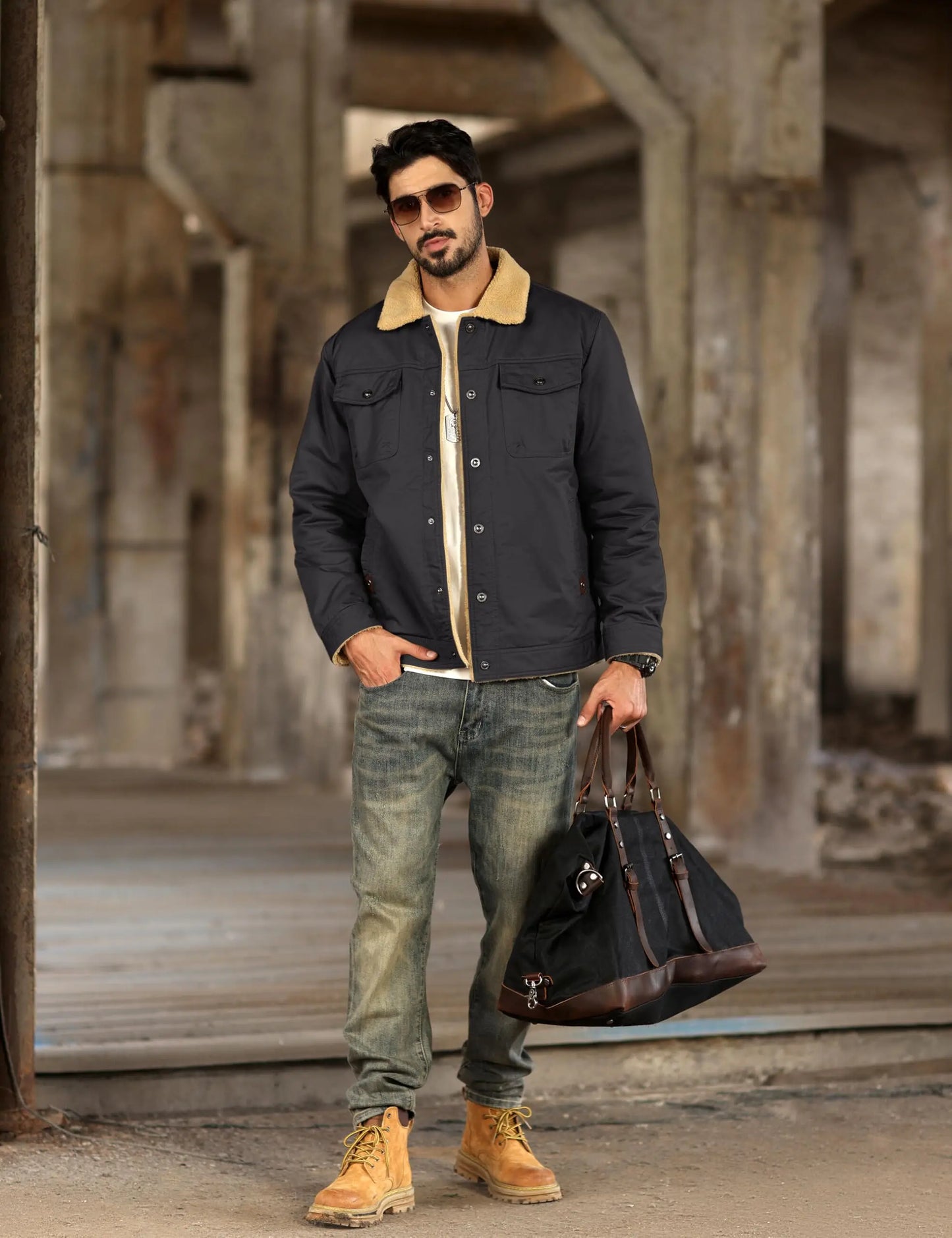 Men's Winter Cotton Jacket - Sherpa Fleece Lined Trucker Coat