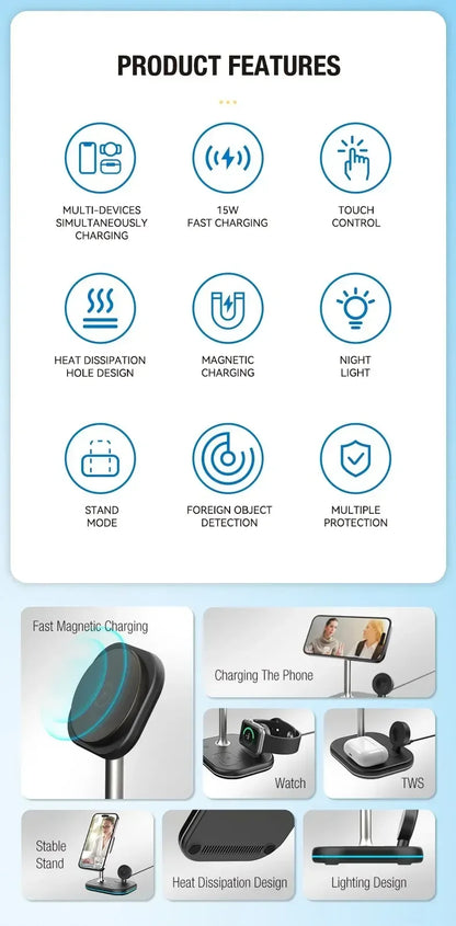 3 In 1 Magnetic Wireless Charger Stand For Magsafe iPhone 16 15 14 13 Pro Max Apple Watch 9 8 AirPods Pro Fast Charging Station