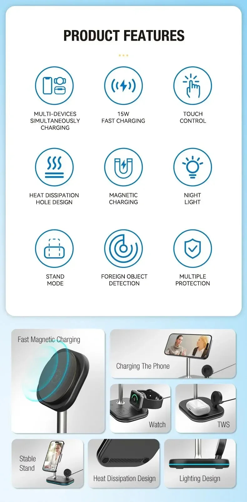 3 In 1 Magnetic Wireless Charger Stand For Magsafe iPhone 16 15 14 13 Pro Max Apple Watch 9 8 AirPods Pro Fast Charging Station