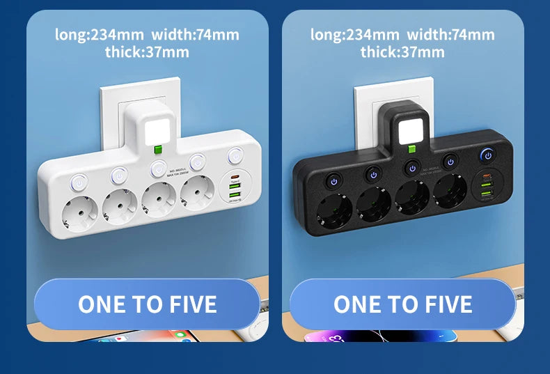 4-Socket Wall Adapter - EU Plug with USB-C & Switch