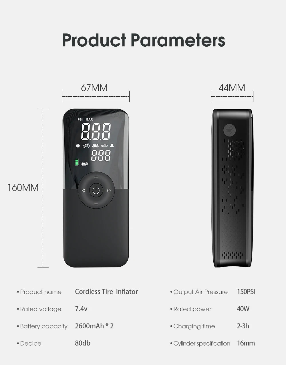 Cordless Tire Inflator - Digital Display 150PSI Car Pump