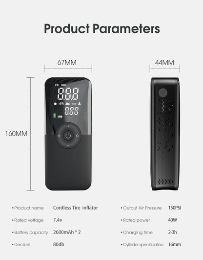 Cordless Tire Inflator - Digital Display 150PSI Car Pump