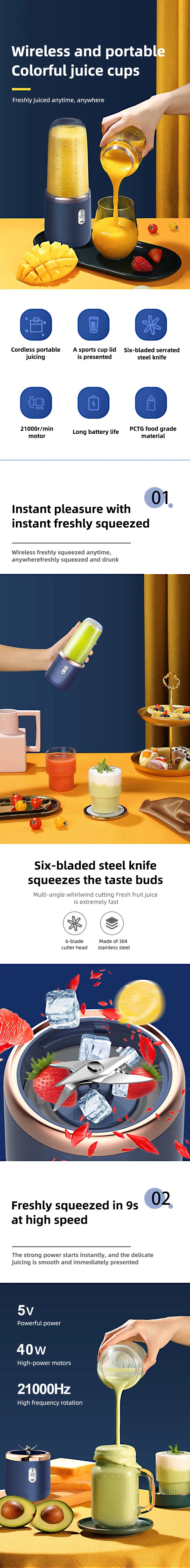 Portable Electric Blender 500ml - 6 Blade Smoothie Maker