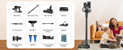 Cordless Stick Vacuum - 46kPa Suction Self-Standing Pet Hair
