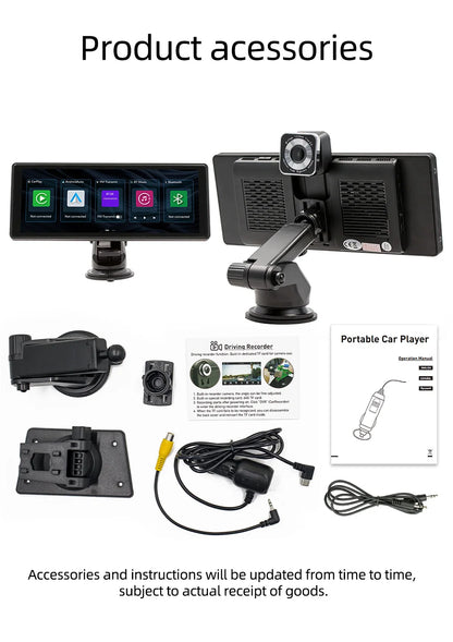 BQCC 10.26 Inch Portable Wireless Carplay Screen HD Rear Reversing Camera Car Radio DVR MP5 Multimedia Video Player Android Auto