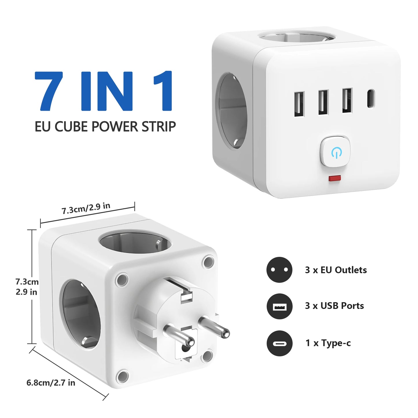 Power Strip 7-in-1 Desktop - 3 AC Outlets 3 USB Type-C Surge