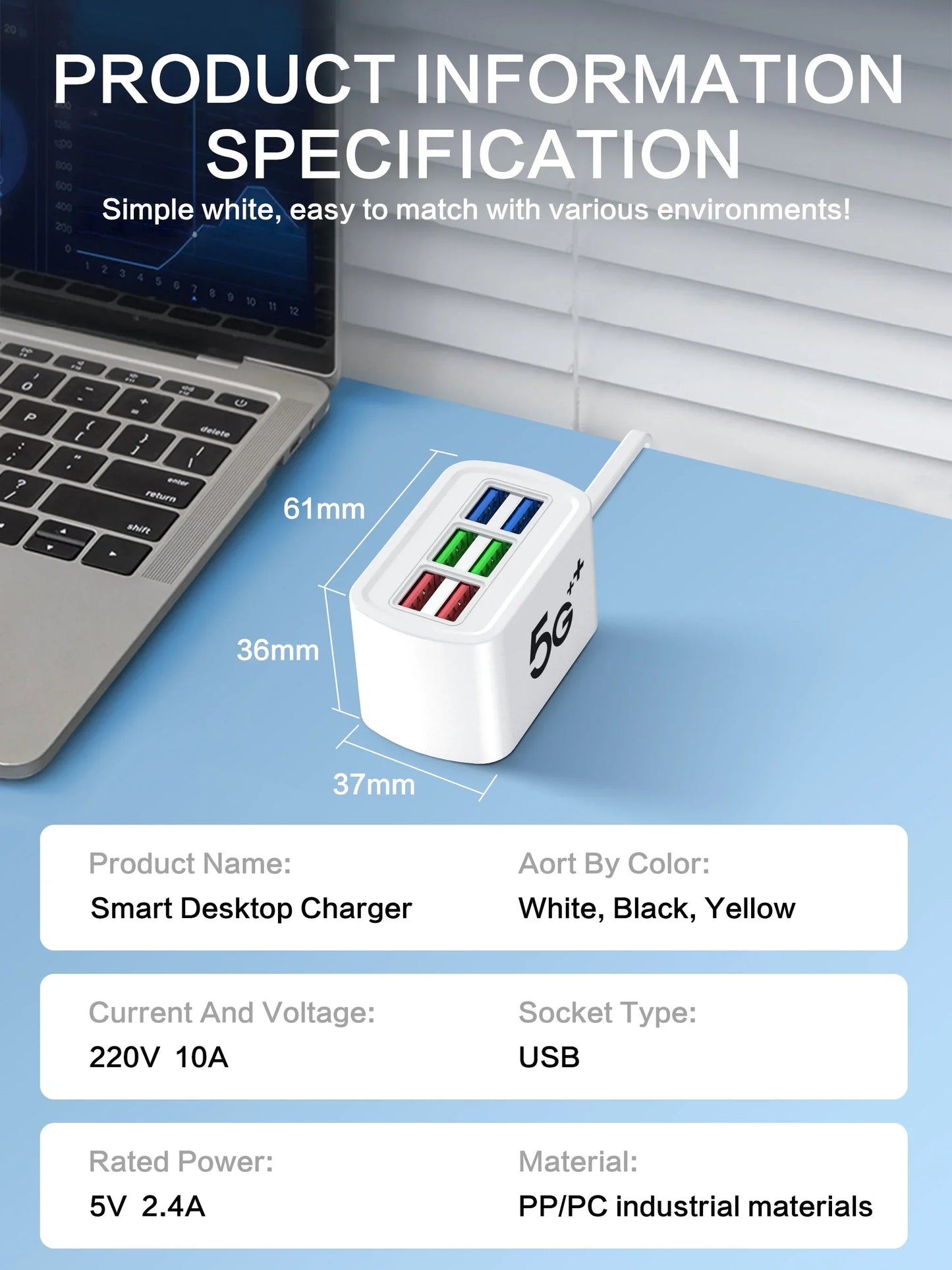 6-Port USB Charging Station - Desktop Hub with Fast Charging