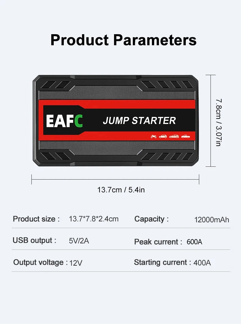 Car Jump Starter 600A 12V - 12000mAh Power Bank LED Light
