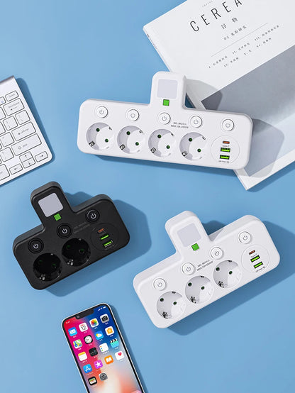 4-Socket Wall Adapter - EU Plug with USB-C & Switch