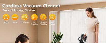 Cordless Stick Vacuum - 46kPa Suction Self-Standing Pet Hair