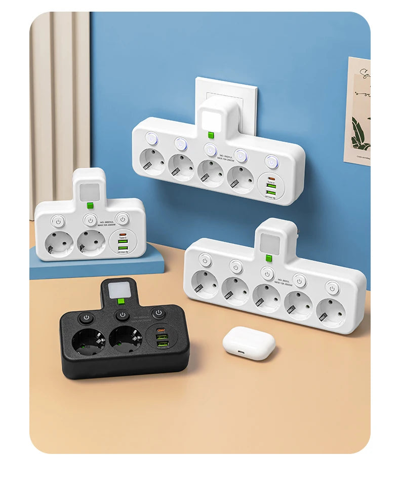 4-Socket Wall Adapter - EU Plug with USB-C & Switch