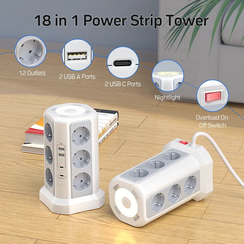 Tower Surge Protector 12 Outlets 4000W - 4 USB Ports 2m Cable