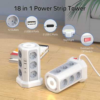 Tower Surge Protector 12 Outlets 4000W - 4 USB Ports 2m Cable
