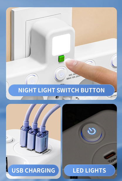 4-Socket Wall Adapter - EU Plug with USB-C & Switch