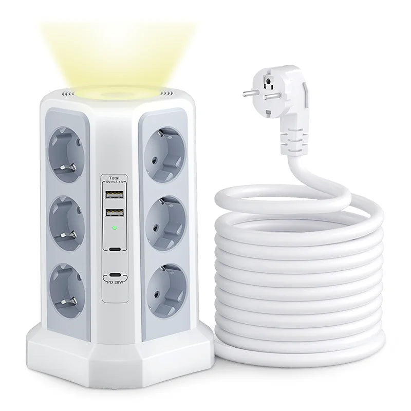 Tower Surge Protector 12 Outlets 4000W - 4 USB Ports 2m Cable