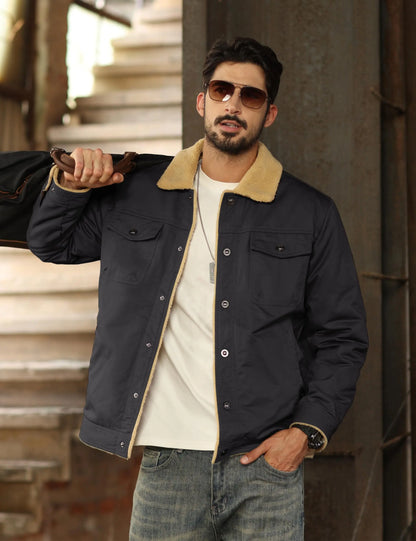 Men's Winter Cotton Jacket - Sherpa Fleece Lined Trucker Coat