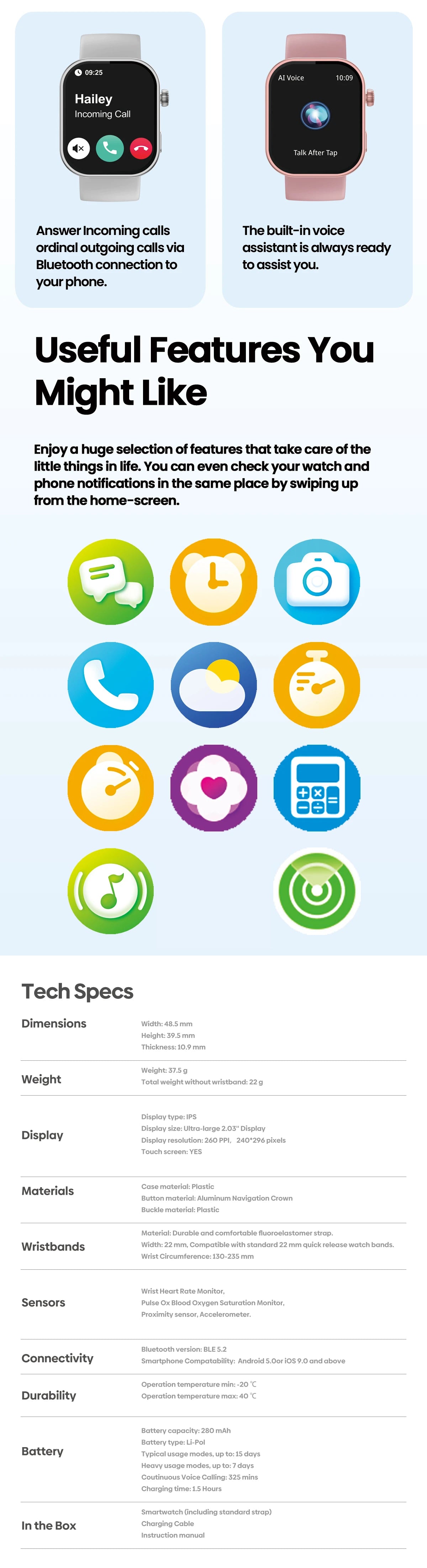 Smart Watch 2.03'' Voice Calling - Fitness Tracker for Men Women