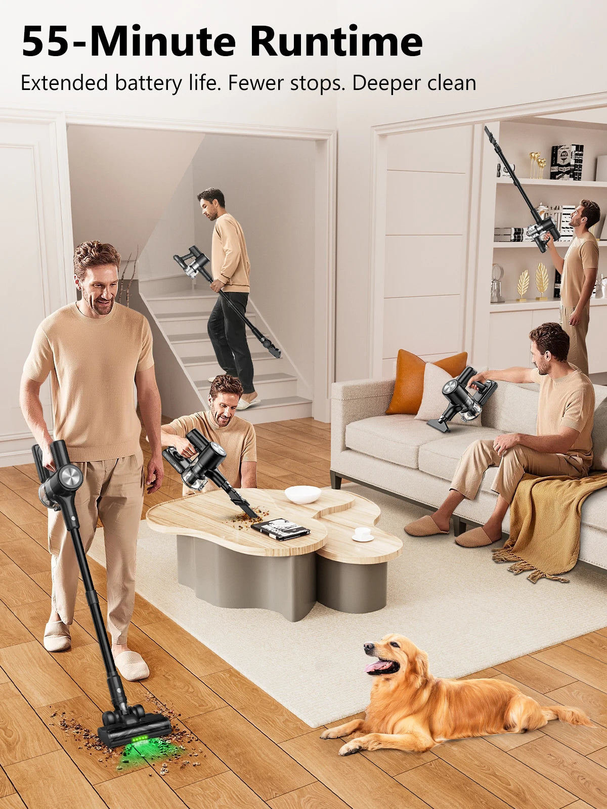 Cordless Stick Vacuum - 46kPa Suction Self-Standing Pet Hair