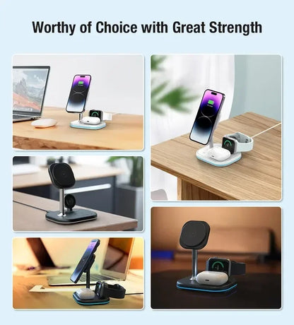 3 In 1 Magnetic Wireless Charger Stand For Magsafe iPhone 16 15 14 13 Pro Max Apple Watch 9 8 AirPods Pro Fast Charging Station