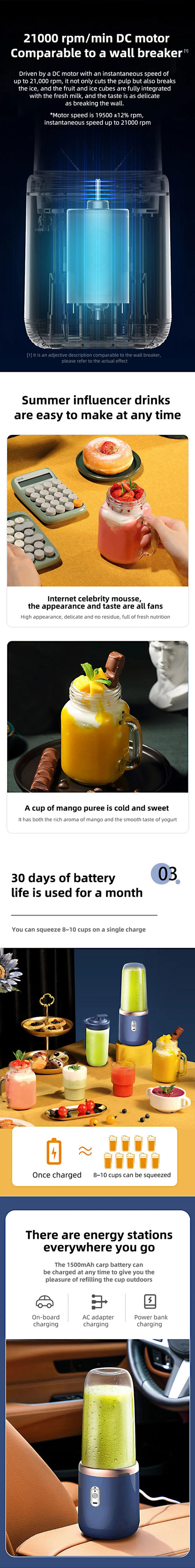 Portable Electric Blender 500ml - 6 Blade Smoothie Maker