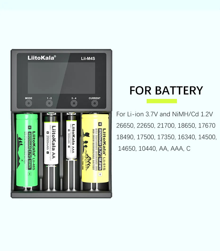 Battery Charger 4-Slot LCD - 18650 21700 26650 AA AAA Smart