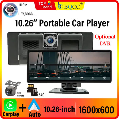 BQCC 10.26 Inch Portable Wireless Carplay Screen HD Rear Reversing Camera Car Radio DVR MP5 Multimedia Video Player Android Auto