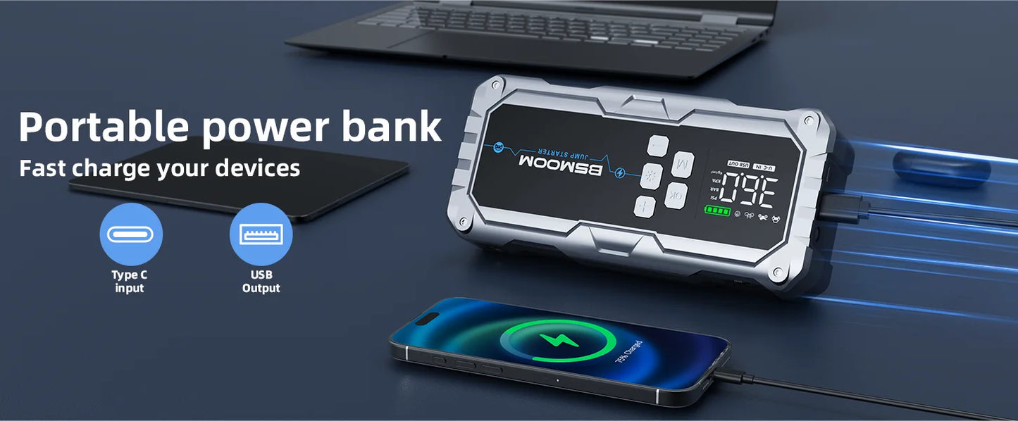 Car Jump Starter 7000A - Portable Battery Booster with Air Pump