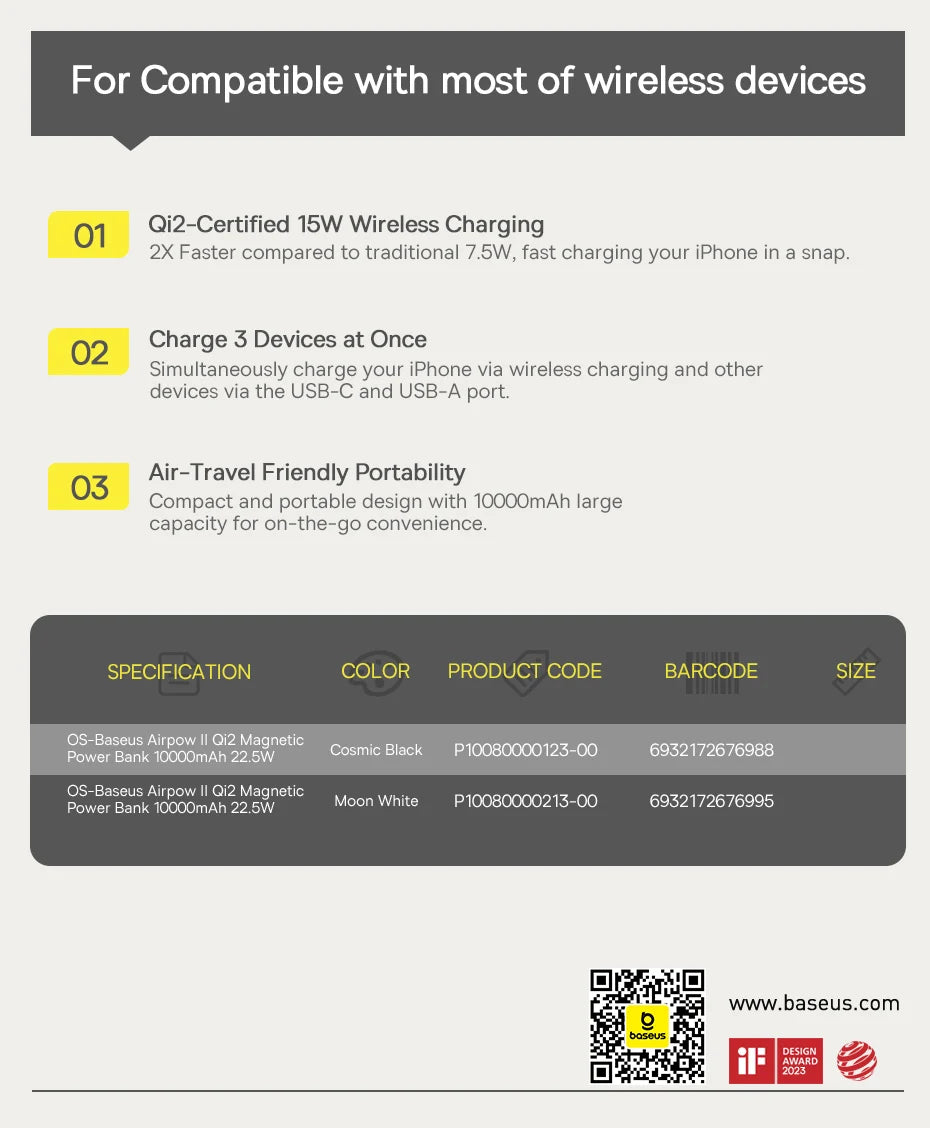 Qi2 Wireless Power Bank 10,000mAh - 15W Magnetic Charging