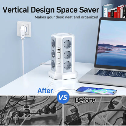 Tower Surge Protector 12 Outlets 4000W - 4 USB Ports 2m Cable