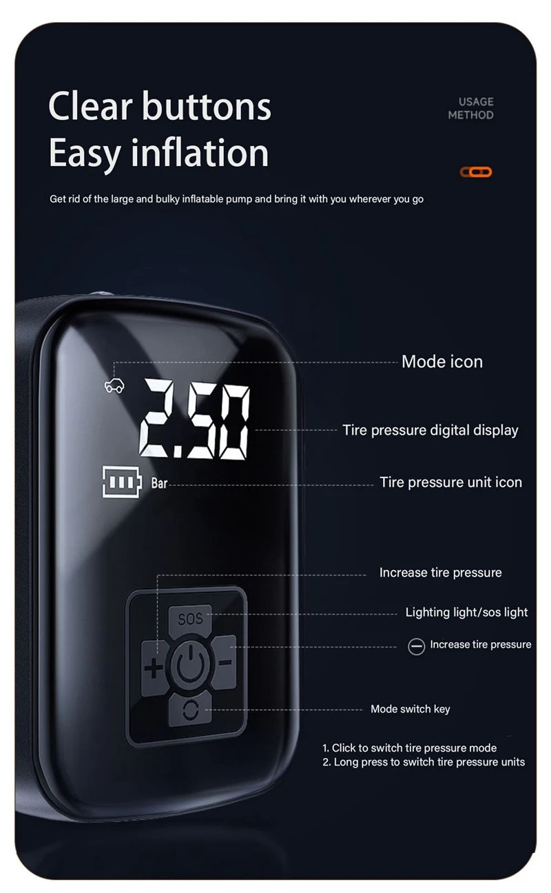 Wireless Car Tyre Inflator - Portable Air Compressor 150PSI