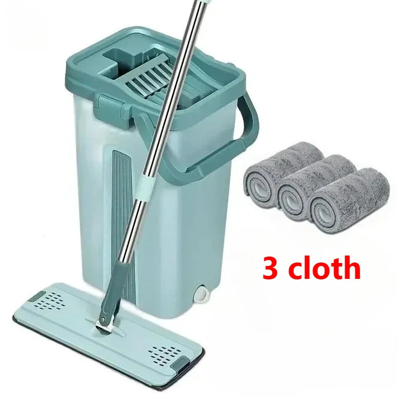 Flat Squeeze Mop & Bucket Set - Easy Wring Microfiber Pads