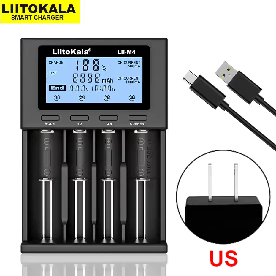 Battery Charger 4-Slot LCD - 18650 21700 26650 AA AAA Smart