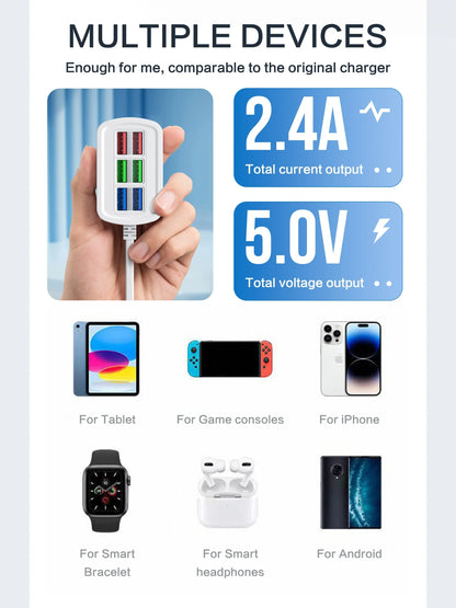 6-Port USB Charging Station - Desktop Hub with Fast Charging