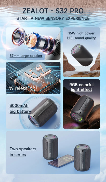 Portable Bluetooth Speaker Waterproof IPX6 - 3600mAh Battery